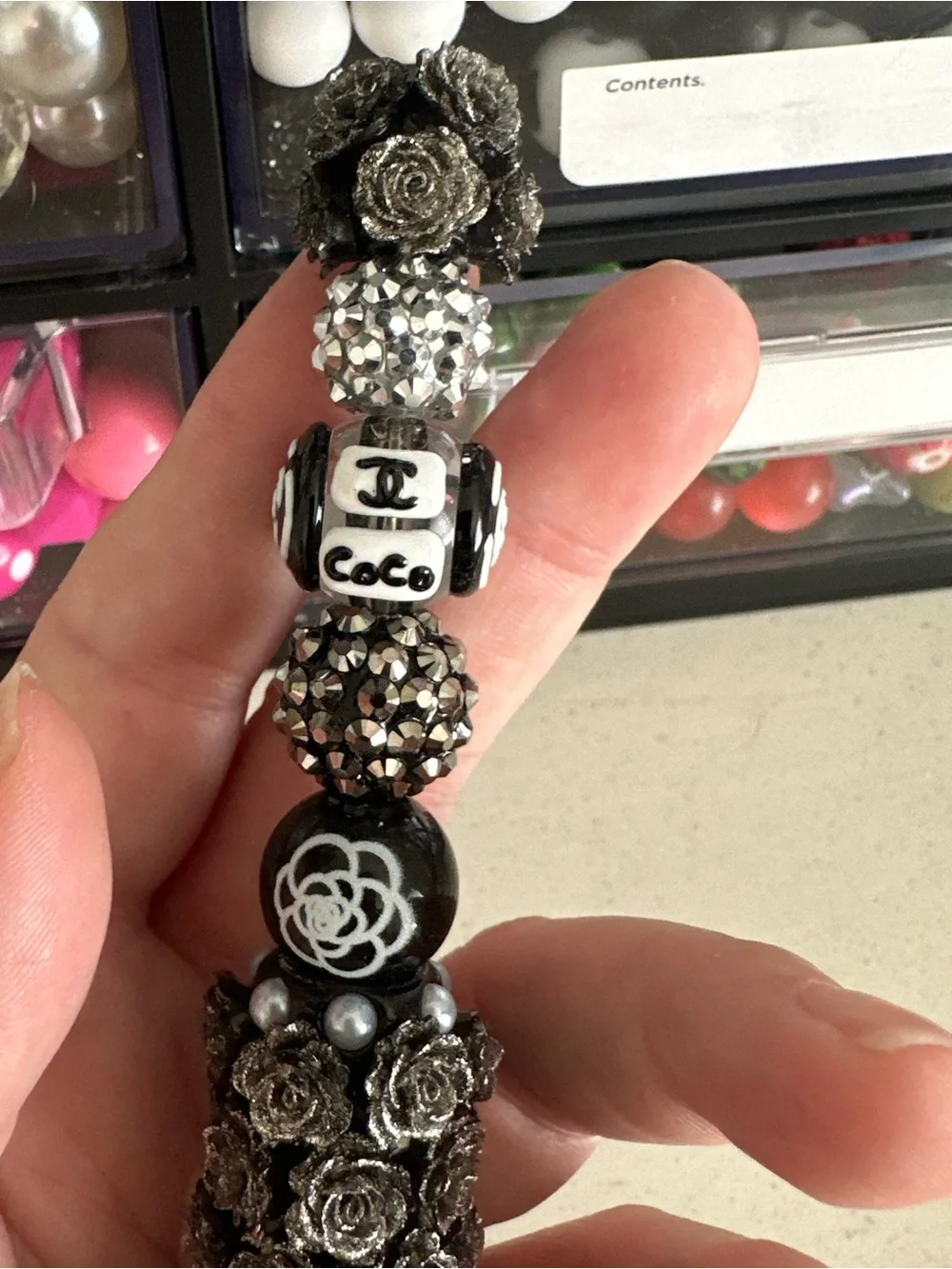 Black & Silver Floral Beaded Pen